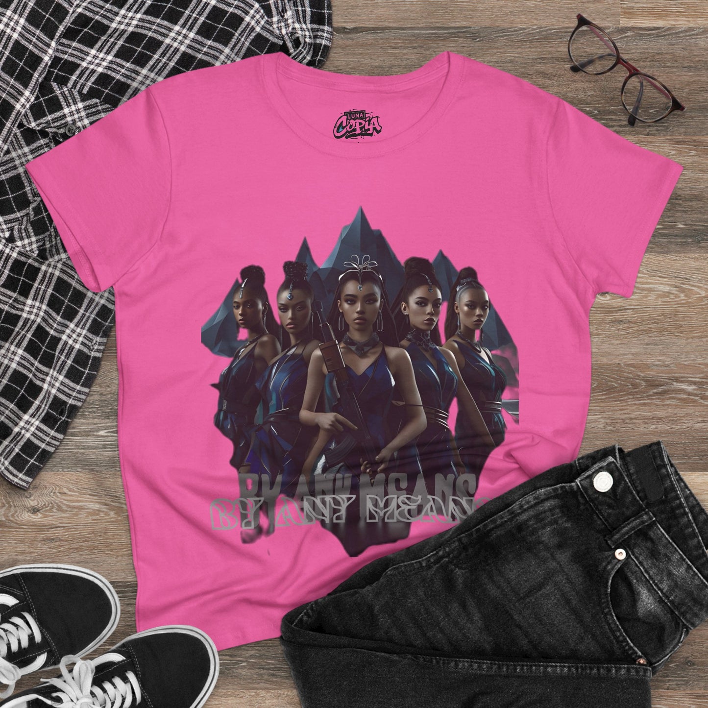 By Any Means Empowerment Women’s Midweight Cotton Tee - 'By Any Means' Graphic Design